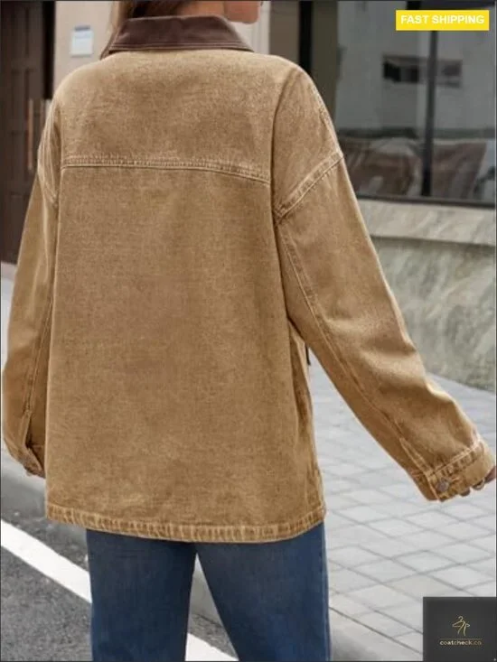 Oversized Denim Jacket Casual Contrast Canvas Collar Button Down Streetwear - Picture 2 of 6